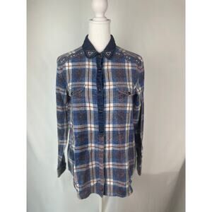 Women Fitted Western Plaid Button-Up Bead Embroidered Collar & Shoulder Top Sz M